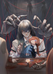  1boy bags_under_eyes blue_vest colored_extremities commentary disembodied_hand doll_joints english_commentary fate/grand_order fate_(series) flower glasses grey_hair hair_over_one_eye highres joints long_hair looking_at_viewer male_focus oberon_(fate) oberon_(third_ascension)_(fate) puppet puppet_strings renrenka_noi shirt short_hair signature solo spool vest white_flower white_shirt 