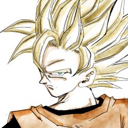  1boy 1rasutotoukou black_shirt blonde_hair from_behind green_eyes highres looking_at_viewer looking_back male_focus medium_hair orange_shirt shirt simple_background solo son_goku spiky_hair super_saiyan super_saiyan_2 upper_body white_background 