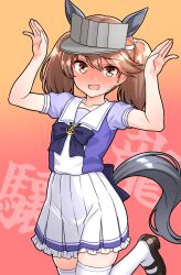  1girl absurdres animal_ears back_bow black_shoes bow bowtie brown_eyes brown_hair commentary_request embarrassed fake_animal_ears fake_tail furaggu_(frag_0416) grey_hat hat highres horse_ears horse_tail horseshoe_ornament kantai_collection large_bow mary_janes navel pleated_skirt puffy_short_sleeves puffy_sleeves purple_bow purple_bowtie purple_shirt ryuujou_(kancolle) sailor_collar sailor_shirt school_uniform serafuku shirt shoes short_sleeves skirt solo standing standing_on_one_leg stomach tail thigh-highs tracen_school_uniform umamusume variant_set visor_cap white_skirt white_thighhighs 