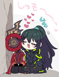  1boy 1other ahoge armor black_armor black_gloves black_pants black_shirt coat collared_shirt commentary_request dante_(limbus_company) gloves gold_trim heart highres hong_lu_(project_moon) k_corp._(identity)_(project_moon) lapels limbus_company long_sleeves necktie notched_lapels other_with_male pants project_moon red_coat red_necktie seiza shiki_(shikki46) shirt simple_background sitting white_background 