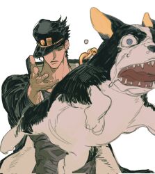  1boy black_hair boston_terrier chain coat dog gakuran grey_shirt hat highres iggy_(jojo) incoming_object jojo_no_kimyou_na_bouken kujo_jotaro long_coat meme mnnd one_eye_covered open_clothes open_coat school_uniform shirt stardust_crusaders throwing tossing white_background woe_plague_be_upon_ye_(meme) 