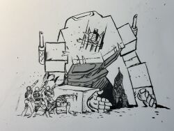  daniel_warren_johnson exhaust firing flag giant highres holding holding_flag holding_weapon joints lineart looking_down looking_up masked mechanical_arms optimus_prime pointing protecting pushing robot robot_joints simple_background soldier transformers weapon white_background 