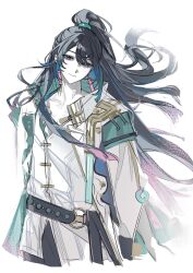  1boy arknights black_eyes black_hair chinese_commentary closed_mouth commentary_request cosplay diqiubaozhawoshuijue hair_between_eyes heterochromia highres hong_lu_(project_moon) jacket limbus_company long_hair long_sleeves looking_at_viewer male_focus ponytail project_moon shirt smile solo upper_body very_long_hair white_background white_jacket white_shirt yi_(arknights) yi_(arknights)_(cosplay) 