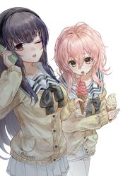  2girls artist_name black_hair black_hairband brown_eyes cellphone commentary cropped_legs flip_phone food food_on_face hair_between_eyes hairband highres holding holding_ice_cream_cone holding_phone ice_cream ice_cream_cone kimi_to_kanojo_to_kanojo_no_koi. lilio long_hair long_sleeves mukou_aoi_(totono) multiple_girls one_eye_closed open_mouth phone pink_hair pleated_skirt sailor_collar school_uniform simple_background skirt soft_serve sone_miyuki standing sweater symbol-only_commentary teeth tongue tongue_out twitter_username upper_teeth_only white_background white_sailor_collar white_skirt yellow_sweater 