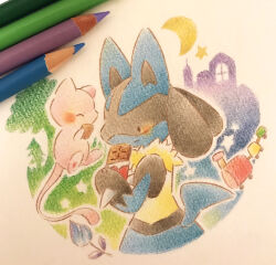 1other art_tools_in_frame blush candy chocolate chocolate_bar closed_mouth colored_pencil_(medium) commentary_request crescent_moon food furry happy looking_at_another lucario mew mew_(pokemon) moon painting_(medium) photo_(medium) pokemon pokemon_(creature) toy_train traditional_media watercolor_(medium) yukichi_0611