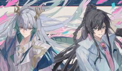  2boys absurdres arknights artist_request black_eyes black_hair blue_streaks braid chinese_commentary closed_mouth collared_shirt commentary_request commission crossover dragon_boy dragon_horns dragon_tail earrings eastern_dragon_horns eastern_dragon_tail floating_hair green_streaks grey_hair hair_between_eyes heterochromia high_ponytail highres hong_lu_(project_moon) horns jewelry limbus_company long_hair long_sleeves looking_at_viewer male_focus multicolored_hair multiple_boys necktie ofuda_earrings pink_eyes pink_necktie pointy_ears ponytail project_moon second-party_source shirt smile streaked_hair tail upper_body white_shirt yi_(arknights) 