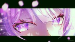  1girl absurdres commentary cyrene_(demiurge)_(honkai:_star_rail) cyrene_(honkai:_star_rail) diamond-shaped_pupils diamond_(shape) english_commentary eye_focus eyeliner falling_petals hair_between_eyes highres honkai:_star_rail honkai_(series) letterboxed lolbyts makeup outside_border petals pink_eyeliner pink_hair pink_petals sideways_glance solo symbol-shaped_pupils twitter_username violet_eyes 