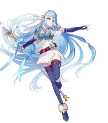  1girl armor azura_(fire_emblem) azura_(lady_of_the_sky)_(fire_emblem) blue_boots blue_gloves blue_hair blush boots breastplate breasts dress elbow_gloves fighting_stance fingerless_gloves fire_emblem fire_emblem_fates fire_emblem_heroes full_body gloves hair_between_eyes highres holding holding_polearm holding_weapon lance long_hair looking_at_viewer non-web_source official_alternate_costume official_art open_mouth polearm saine short_sleeves shoulder_armor simple_background solo thigh_boots thigh_strap veil very_long_hair weapon white_background white_dress yellow_eyes 