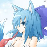  animal_ears bad_id blue_hair bow cirno kemonomimi_mode parody reku ribbon ribbons short_hair solo spice_and_wolf tail touhou wolf_ears wolf_tail 