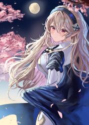  1girl absurdres arerex black_hairband blonde_hair branch breasts cherry_blossoms commentary falling_petals female_corrin_(fire_emblem) fire_emblem fire_emblem_fates from_side hair_between_eyes hairband highres long_hair looking_at_viewer medium_breasts moon night petals red_eyes solo tree 