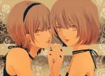 2girls bare_shoulders brown_hair earrings hairband hand_holding holding_hands jewelry multiple_girls nail_polish original short_hair siblings sisters twins uno_(artist) uno_(colorbox) yellow_eyes