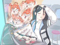  2girls anger_vein arcade arcade_cabinet aris_(blue_archive) blue_archive closed_eyes controller halo hand_on_own_head hashtag-only_commentary highres joystick jujutsu_kaisen meme mole mole_under_eye multiple_girls naoya_hitting_choso_without_looking_(meme) neru_(blue_archive) rapid_punches school_uniform smear_frame uncleduk 