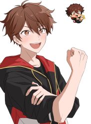  +_+ 1boy brown_eyes brown_hair clenched_hand derivative_work ensemble_stars! hair_between_eyes hand_on_own_arm hand_up highres hood hood_down hooded_jacket jacket lat_(latttttt_) long_sleeves male_focus morisawa_chiaki open_mouth protected_link reference_inset short_hair simple_background smile teeth upper_body upper_teeth_only white_background 