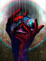  1boy basil_(headspace)_(omori) basil_(omori) blood blood_on_clothes blue_overalls flower flower_wreath green_hair green_shirt head_wreath highres kauchi_(kani10cauchi) male_focus omori overalls rain rainbow shirt solo sunflower t-shirt 