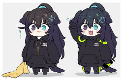  2boys :3 aqua_eyes arm_up armor black_armor black_coat black_eyes black_hair black_hoodie blush closed_mouth coat commentary_request dieci_association_south_uniform dual_persona half_updo heterochromia hong_lu_(project_moon) hood hood_down hoodie jewelry k_corp._(identity)_(project_moon) key key_necklace limbus_company long_hair multiple_boys necklace project_moon shiki_(shikki46) simple_background smile very_long_hair white_background 