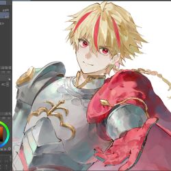  1boy armor blonde_hair braid braided_ponytail cape commentary_request fate/strange_fake fate_(series) gloves korean_commentary light_smile looking_at_viewer male_focus multicolored_hair outstretched_arm potato_goril red_cape red_eyes red_gloves red_streaks richard_i_(fate) short_hair_with_long_locks side_cape solo streaked_hair unfinished 