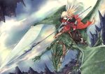  blonde_hair cape dragon elf fantasy flying kirishima_satoshi lance long_hair original pointy_ears polearm riding weapon 