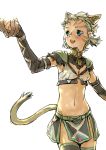  bad_id blonde_hair blue_eyes blush branch_(artist) branch_(blackrabbits) elbow_gloves final_fantasy final_fantasy_xi gloves hand_holding happy holding_hands midriff mithra navel short_hair solo tail thigh-highs thighhighs 