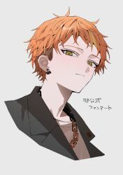  1boy brown_eyes chain chain_necklace closed_mouth commentary_request earrings grey_background highres jewelry lapels looking_at_viewer male_focus necklace notched_lapels official_alternate_costume official_alternate_hairstyle orange_hair project_sekai sakusya2honda shinonome_akito shirt short_bangs short_hair simple_background solo white_shirt zozotown 