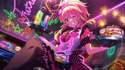  1girl black_thighhighs blonde_hair commentary_request cup dress drinking_glass food game_cg green_eyes grin holding holding_tray hoshii_miki idolmaster idolmaster_(classic) idolmaster_million_live! idolmaster_million_live!_theater_days indoors looking_at_viewer official_alternate_costume official_alternate_hairstyle official_art one_eye_closed pink_dress ponytail short_sleeves sidelocks sitting smile solo thigh-highs third-party_source tray waitress 