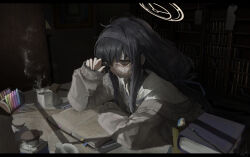  1girl absurdres arm_on_table black_eyes black_hair blue_archive book bookshelf cardigan closed_mouth coffee coffee_mug commentary cup dark desk dim_lighting elbow_on_table elbow_rest from_side glasses hairband halo highres indoors kyatto-mikazu long_hair long_sleeves looking_down mug open_book reading round_eyewear sailor_collar school_uniform sitting sleeves_past_wrists solo steam ui_(blue_archive) yellow_halo 