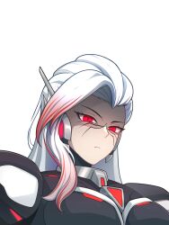  1girl absurdres adapted_costume armor body_armor breasts chest_jewel commission commissioner_upload disgust eyelashes facial_mark fake_zero_(mega_man) forehead_jewel genderswap genderswap_(mtf) highres light_frown long_hair looking_at_viewer mature_female mechanical_ears medium_breasts mega_man_(series) mega_man_x2 mega_man_x_(series) multicolored_hair no_headwear non-web_source petite portrait red_eyes red_streaks shoulder_armor solo streaked_hair transparent_background two-tone_hair uta_guipiy white_hair 