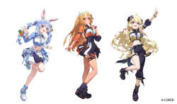  3girls :d animal_ears asymmetrical_clothes asymmetrical_sleeves black_pants black_shirt black_skirt boots carrot_hair_ornament collared_shirt color-coded commentary_request company_name concert copyright_notice cropped_shirt dark-skinned_female dark_elf dark_skin detached_sleeves elf food-themed_hair_ornament full_body hair_ornament highres hololive hololive_english hololive_idol_uniform_(color_rise) horns idol idol_clothes lace-up_boots long_hair looking_at_viewer midriff miniskirt mismatched_sleeves multicolored_shirt multiple_girls navel official_alternate_costume official_art pants platform_boots pointy_ears puffy_detached_sleeves puffy_short_sleeves puffy_sleeves r1zen rabbit_ears rabbit_girl sheep_girl sheep_horns shiranui_flare shirt short_hair short_sleeves simple_background single_detached_sleeve single_pantsleg single_sleeve skirt smile standing tail thigh-highs tsunomaki_watame usada_pekora very_long_hair virtual_youtuber white_background white_shirt white_skirt white_thighhighs 