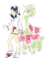  1boy 1girl antennae bike_shorts blue_eyes blue_hair claws closed_mouth colored_skin earrings flower fufu8484 green_skin hat highres jacket jewelry kris_(pokemon) long_hair long_neck long_sleeves meganium open_mouth pokemon pokemon_(creature) pokemon_adventures red_shirt sauropod shirt shorts simple_background smile standing star_(symbol) star_earrings tail twintails white_background yellow_eyes yellow_hat 