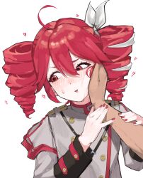  1girl absurdres ahoge blush bow buttons cheek_squash commentary double-breasted drill_hair grey_jacket hand_on_another's_face heart highres jacket kasane_teto mirumiruchan red_eyes red_hair red_nails twin_drills twintails vocaloid white_background white_bow 