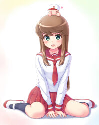  1boy 1girl amezaki_chihaya aqua_eyes baseball_cap black_socks brown_hair chibi hands_on_floor hat heart jikkyou_powerful_pro_yakyuu kneehighs lilium443 long_hair long_sleeves looking_at_viewer necktie open_mouth power_pro_kun power_pro_kun_pocket power_pro_kun_pocket_13 red_necktie red_sailor_collar red_skirt sailor_collar school_uniform shirt shoes sitting skirt socks teeth upper_teeth_only uwabaki wariza white_shirt 