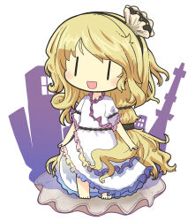  1girl :d akihiyo barefoot black_hairband blonde_hair blush chibi chibi_only commentary_request commission dress frilled_dress frilled_sleeves frills full_body hairband highres long_hair open_mouth short_sleeves skeb_commission smile solo standing touhou watari_nina white_background white_dress |_| 