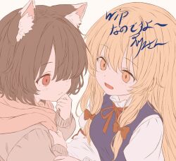  2girls animal_ears blonde_hair bow brown_hair cat_ears chen commentary_request flat_color hair_bow iris-san light_blush long_hair long_sleeves looking_at_another medium_hair multiple_girls neck_ribbon no_headwear open_mouth orange_eyes red_eyes red_ribbon red_scarf ribbon scarf shirt smile touhou unfinished upper_body white_background white_shirt yakumo_yukari 