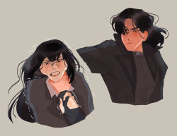  2girls black_coat black_hair black_shirt character_request check_character clenched_teeth coat collared_shirt furrowed_brow genderswap genderswap_(mtf) hand_on_another's_wrist highres kdj143637 long_hair motion_lines multiple_girls narrowed_eyes omniscient_reader's_viewpoint open_clothes open_coat serious shirt short_hair strangling teeth yoo_joonghyuk 