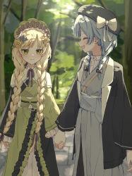  2girls absurdres adapted_costume alternate_costume alternate_hairstyle beret black_hat black_jacket blonde_hair blue_hair blue_kimono bow braid closed_eyes closed_mouth commentary_request flower green_bow green_eyes green_kimono hat highres holding_hands jacket japanese_clothes kimono long_hair long_sleeves looking_at_another mahou_shoujo_no_majo_saiban multiple_girls nekobanana_(m23453456) open_mouth outdoors profile rose smile standing tachibana_sherry tono_hanna tree twin_braids very_long_hair white_bow yellow_flower yellow_rose 