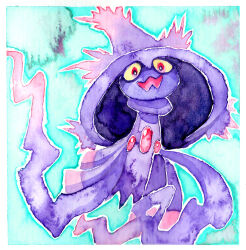  border colored_sclera commentary english_commentary fleebites full_body mismagius no_humans open_mouth pokemon pokemon_(creature) pokemon_focus red_eyes solo white_border yellow_sclera 