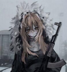  1girl absurdres ak-47 assault_rifle black_jacket blood blood_on_face blush brown_eyes brown_hair closed_mouth coat fur-trimmed_hood fur_trim gun hair_between_eyes highres holding holding_gun holding_weapon hood hood_up injury jacket kalashnikov_rifle long_hair looking_at_viewer original outdoors rifle snow solo stuffbecauseidk upper_body weapon winter 