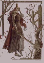  1girl absurdres armor border branch brown_dress bug butterfly cape covered_eyes dress elden_ring flying_buttress from_side full_body fur-trimmed_cape fur_trim gold_armor golden_sword hand_on_headwear helmet helmet_over_eyes highres holding holding_sword holding_weapon in-universe_location long_hair malenia_blade_of_miquella mechanical_arms octowillow prosthesis prosthetic_arm prosthetic_leg red_cape red_hair signature simple_background solo standing statue sword three-quarter_sleeves weapon winged_helmet 