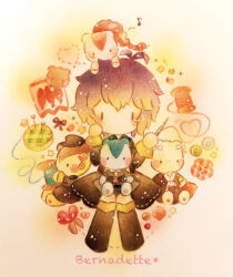  1girl bernadetta_von_varley black_dress black_thighhighs colored_pencil_(medium) commentary_request dress fire_emblem fire_emblem:_three_houses musical_note no_mouth no_nose painting_(medium) pincushion purple_hair short_hair spool stuffed_animal stuffed_toy teddy_bear thigh-highs traditional_media watercolor_(medium) yukichi_0611 