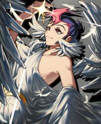  1boy ancient_greek_clothes angel_wings bare_shoulders black_hair chiton colored_bangs cowboy_shot earrings facing_to_the_side feathered_wings gold_necklace greco-roman_clothes grey_background highres holding holding_jewelry holding_necklace jewelry leaning_back light_smile looking_at_object male_focus necklace open_clothes open_robe red_eyes robe sparkle spiky_hair spread_wings toga tsukumo_yuma warambling white_robe white_wings wing_earrings wings yu-gi-oh! yu-gi-oh!_zexal 