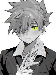  1boy arm_up blue_oak collared_jacket commentary hair_over_one_eye highres jacket jewelry male_focus necklace one_eye_covered parted_bangs pendant pk_rgr96 pokemon pokemon_frlg short_hair simple_background smile solo spiky_hair spot_color symbol-only_commentary upper_body white_background yellow_eyes 