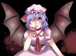  1girl bat_wings blue_hair fang hat remilia_scarlet ribbon ribbons short_hair touhou uranaishi_(miraura) wings 