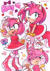  1girl :d absurdres amy_rose artist_name boots bracelet character_name closed_eyes closed_mouth commentary dress english_commentary eyelashes flower food furry furry_female gloves green_eyes hairband hand_on_own_face heart hedgehog_girl highres holding holding_food holding_ice_cream holding_ice_cream_cone ice_cream ice_cream_cone jewelry looking_at_viewer multiple_views open_mouth own_hands_clasped own_hands_together pink_fur pink_hair rainbow red_boots red_dress red_hairband rose short_hair siggiedraws sleeveless sleeveless_dress smile sonic_(series) star_(symbol) white_gloves 