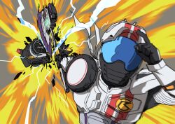  1boy axe banno_tenjuurou drive_driver electricity explosion highres holding holding_axe kamen_rider kamen_rider_chaser_mach kamen_rider_drive_(series) kamen_rider_mach male_focus meme motion_blur naitsupic naoya_hitting_choso_without_looking_(meme) shingou-ax visor_lift 