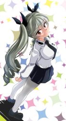  1girl abimaru_gup absurdres anchovy_(girls_und_panzer) anzio_school_uniform arms_behind_back black_necktie black_ribbon blue_skirt blush breasts commentary_request drill_hair from_above girls_und_panzer green_hair hair_ribbon highres large_breasts loafers long_sleeves necktie pantyhose pleated_skirt red_eyes ribbon school_uniform shoes skirt smile solo twin_drills twitter_username white_pantyhose 