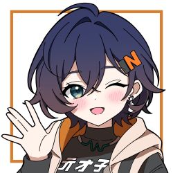  1girl ahoge belle_(zenless_zone_zero) black_shirt blue_hair blush bokutaaaa border clothes_writing crossed_bangs earrings green_eyes hair_between_eyes hair_intakes hair_ornament hashtag-only_commentary highres jewelry letter_hair_ornament looking_at_viewer one_eye_closed open_mouth orange_border portrait shirt short_hair simple_background solo waving white_background zenless_zone_zero 