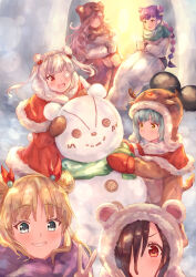  6+girls absurdres black_hair blonde_hair blue_eyes building_snowman bungo_yayoi coffee_mug cup deer double_bun green_hair hair_bun heaven_burns_red highres kanzaki_adelheid looking_at_viewer mozzy0v0y mug multiple_girls narby_(heaven_burns_red) pink_hair purple_hair red_eyes sakuraba_seira satsuki_mari scarf snow snowman tenne_miko yamawaki_bon_ivar 