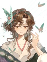  1girl absurdres brown_eyes brown_hair bug chain chinese_clothes chinese_commentary closed_mouth commentary_request dress face_chain hand_up hanfu highres holding holding_chain long_hair looking_at_viewer moth moth_hair_ornament official_alternate_costume purple_hanfu reverse:1999 san_sui_dingshang_ya solo straight-on tooth_fairy_(reverse:1999) upper_body white_dress 