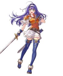  1girl ahoge armor belt black_thighhighs blue_boots blue_gloves blue_hair blush boots breastplate breasts brown_belt commentary english_commentary fingerless_gloves fire_emblem fire_emblem:_path_of_radiance fire_emblem:_radiant_dawn fire_emblem_heroes full_body gloves green_eyes hairband headband highres holding holding_sword holding_weapon long_hair looking_at_viewer mia_(fire_emblem) mia_(zenith_challenger)_(fire_emblem) non-web_source official_alternate_costume official_art okuma_mai open_mouth orange_shirt purple_hair scabbard sheath shirt short_sleeves shoulder_armor simple_background skirt smile solo sword tachi-e thigh-highs thigh_boots thighs third-party_source weapon white_background white_hairband white_headband white_shirt white_skirt 