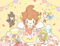  >_o 2boys 3girls basket black_hair black_wings blonde_hair brown_hair cake closed_eyes cooking dark_pit egg_(food) food green_hair kid_icarus kid_icarus_uprising licking_lips milk multiple_boys multiple_girls one_eye_closed palutena phosphora pit_(kid_icarus) short_hair spoon string_of_flags tongue tongue_out viridi whisk white_wings wings yukichi_0611 