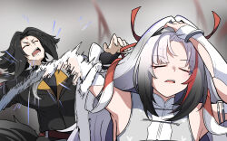  1boy 1girl animal_ear_fluff animal_ears arm_up armlet armpits bare_shoulders black_hair black_jacket black_tail brother_and_sister caseee999 china_dress chinese_clothes closed_eyes commentary_request dress droopy_ears facial_mark forehead_mark gradient_hair grey_background hairband hand_in_own_hair hand_on_own_head highres holding holding_sword holding_weapon jacket jewelry jujutsu_kaisen light_blush long_hair meme motion_blur multicolored_hair naoya_hitting_choso_without_looking_(meme) open_mouth punching qingming_sword rapid_punches red_hair scene_reference siblings silver_armlet sword weapon white_dress white_hair white_hairband ye_shiyuan ye_shunguang zenless_zone_zero 